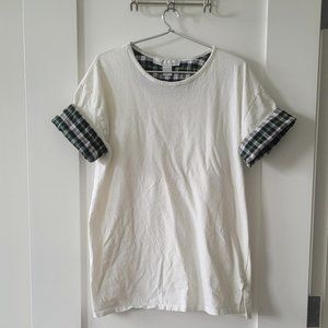 The Limited White Tshirt Plaid Sleeves 100% Cotton Tee Size S Made in Italy